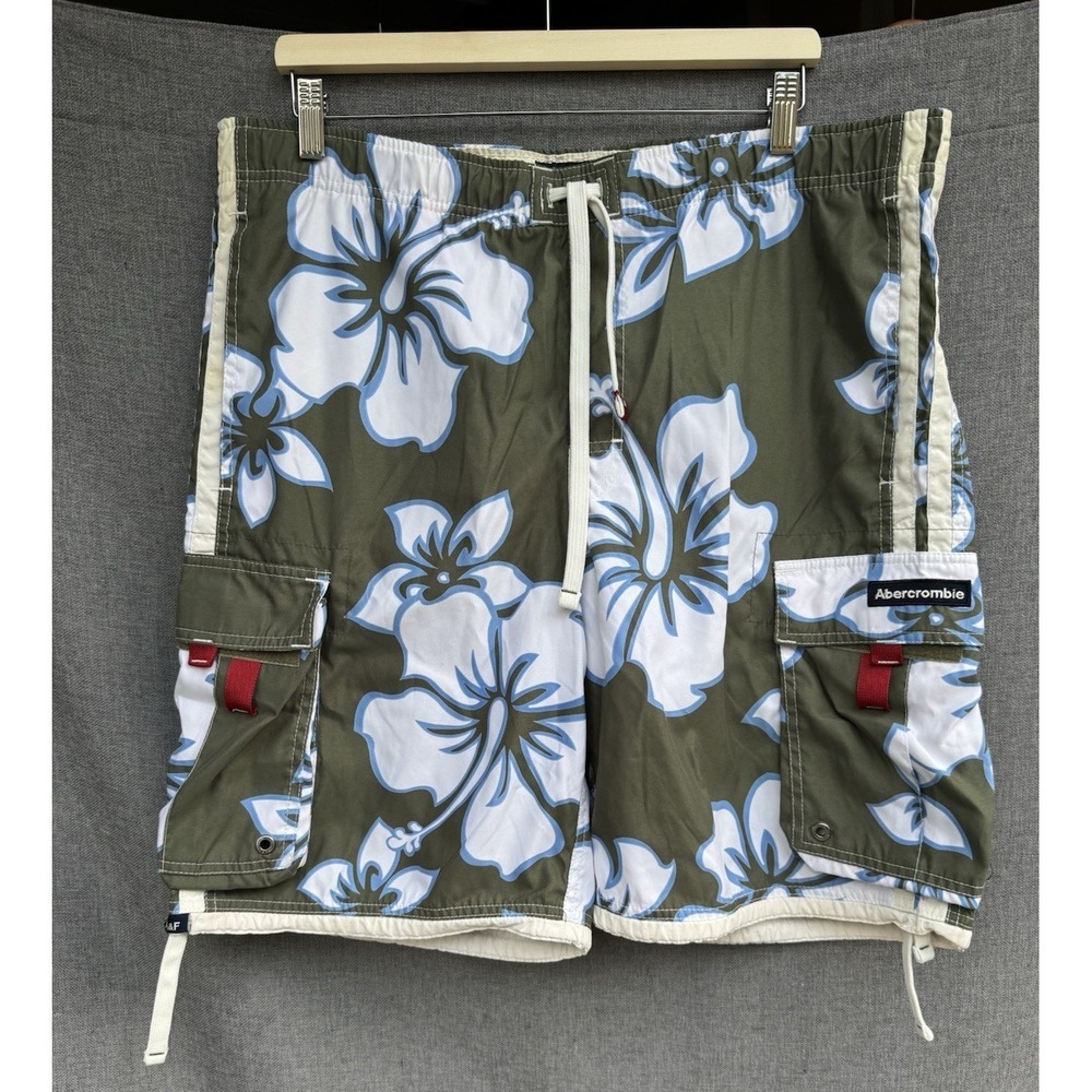 VTG Abercrombie & Fitch Board Shorts Large Green Cargo Floral Hawaii 90's
